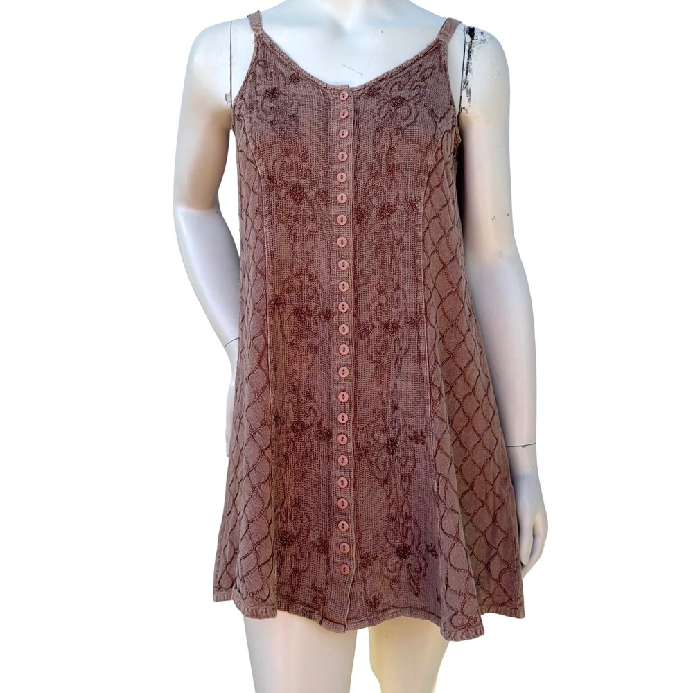Fairweather Vintage Button Front Mini Dress Embroidered Boho Cottagecore Large